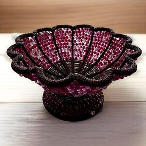 Vintage Handmade Metal Wire Purple Pink Beaded Pedestal Bowl Basket Moody Gothic